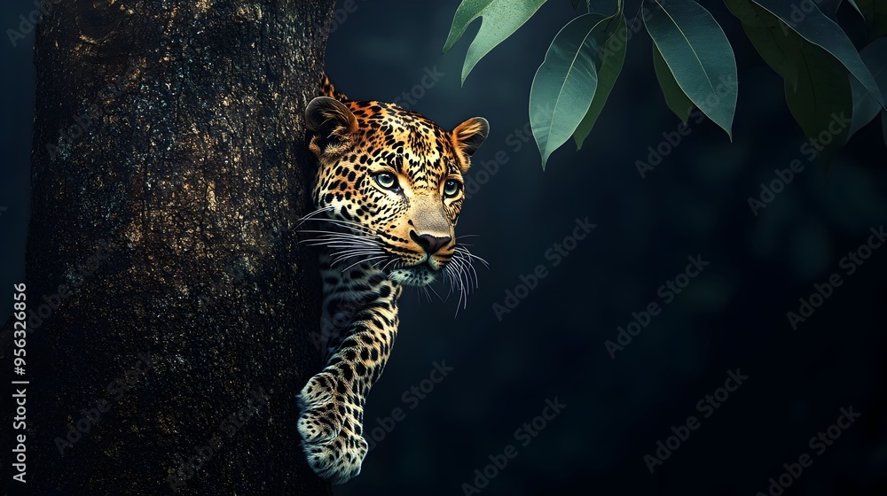 Aufkleber powerful leopard gracefully scaling a tree trunk in the dense verdant jungle canopy showcasing its n