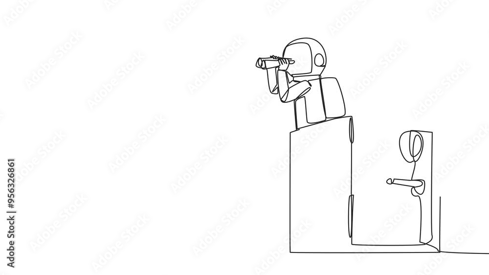 Poster animated self drawing of single one line drawing astronaut emerges from safe deposit box look for so