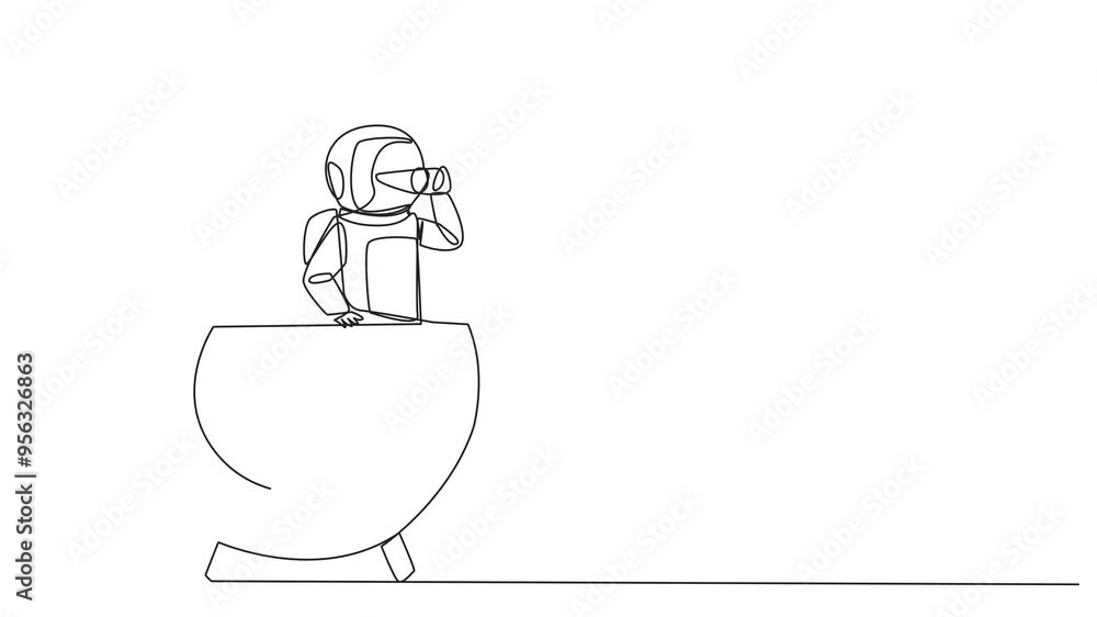 Poster animation of continuous one line drawing astronaut emerges from arrow target board look for somethin