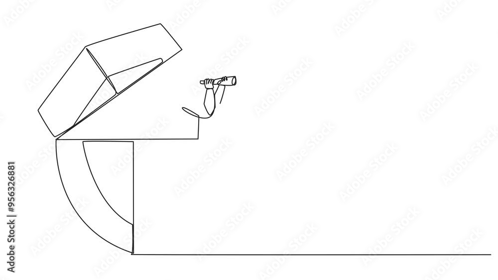 Poster self drawing animation of single continuous line drawing the astronaut emerges from the shield looki