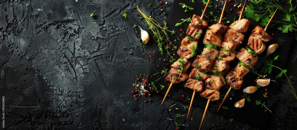 Poster Top view of Shashlik with thyme and spices on bamboo skewers against a dark background providing a copy space image