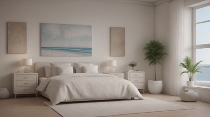 Ultra-realistic sea-side master bedroom with photo frames and other accessories interior design image template. White bedroom interior image.
