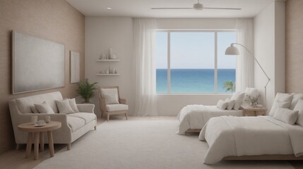 Ultra-realistic sea-side master bedroom with photo frames and other accessories interior design image template. White bedroom interior image.