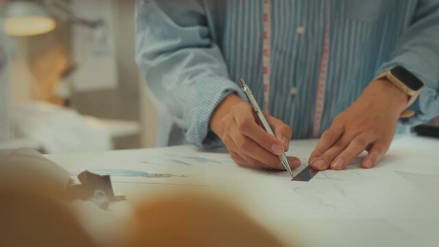 Entrepreneur. Trendy European woman choosing accessories inspiredly creates new design in sewing shop. Business owner draws dress sketch follows fashion standards, stylish samples