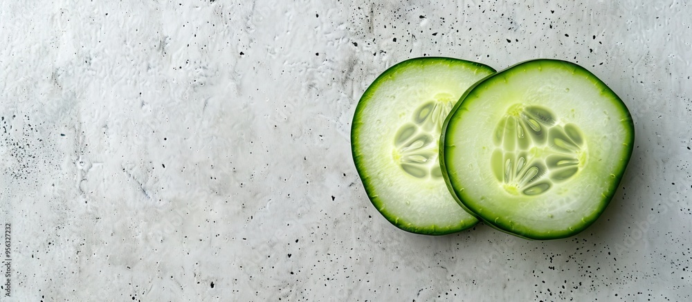 Poster a cucumber slice cucumis sativus displayed horizontally on a white cement background with an isolate