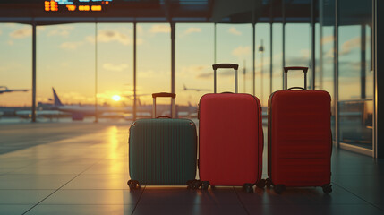 Różne walizki na tle nowoczesnego lotniska, podkreślające koncepcję podróży i logistyki.