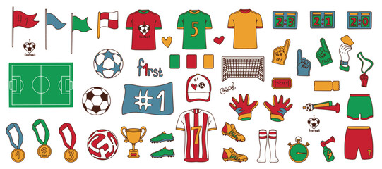 Set of football, sports, soccer icons. Doodle soccer or soccer objects. Hand drawn outline for banner, poster, advertisement. Vector