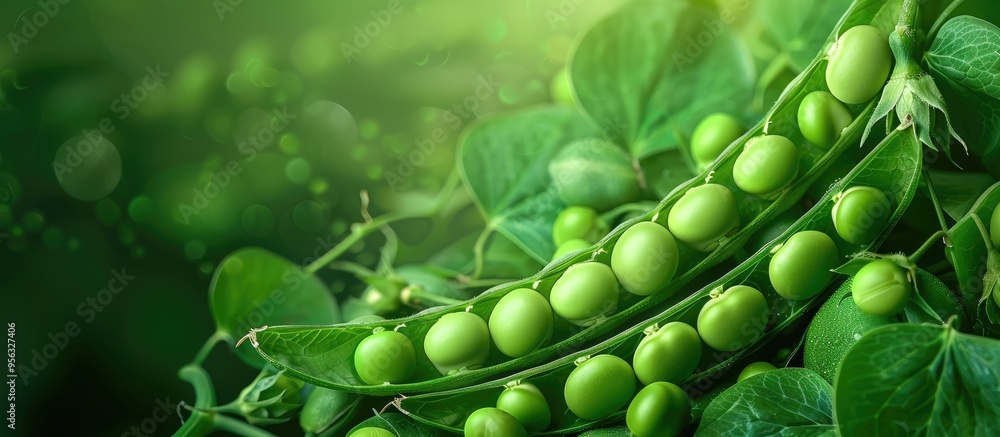 Aufkleber a vibrant image showcasing fresh organic green peas with pea pods viewed from the top on a lush gree