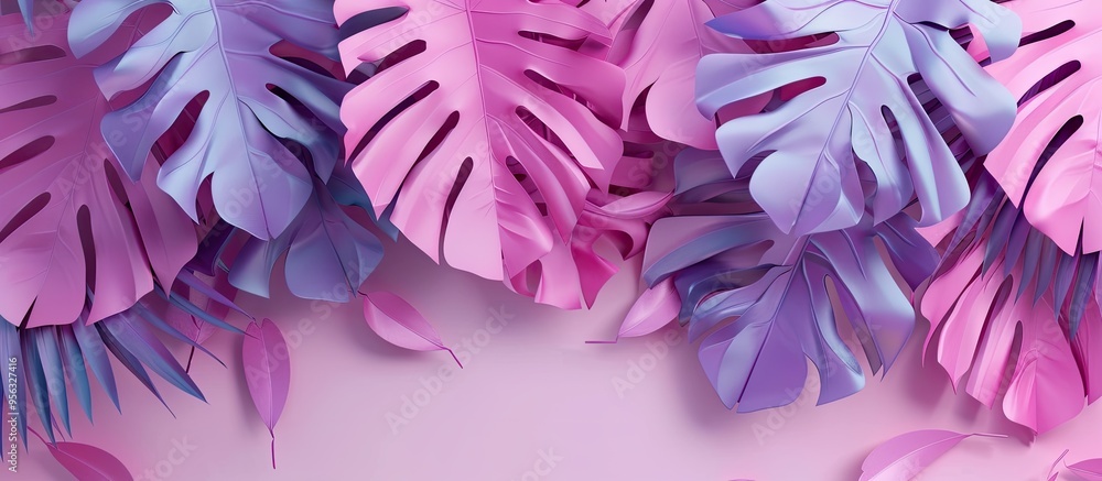 Poster a vibrant pink background adorned with paper cutouts of tropical leaves creates an artistic composit