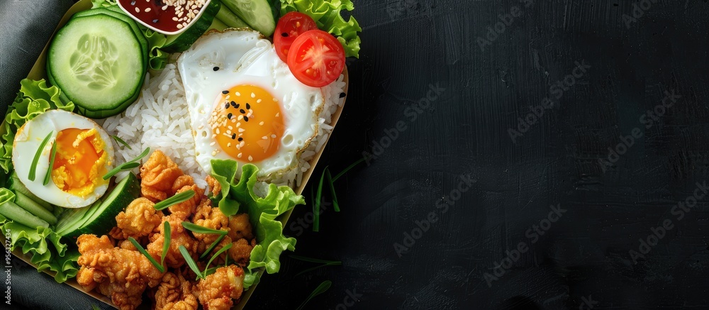 Aufkleber a rice box holding fried egg chicken popcorn tomatoes cucumbers and sesame seeds viewed from the top
