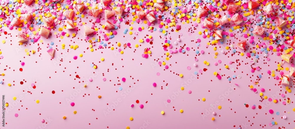 Poster top down view of a vivid array of confetti on a pink backdrop with ample copy space image