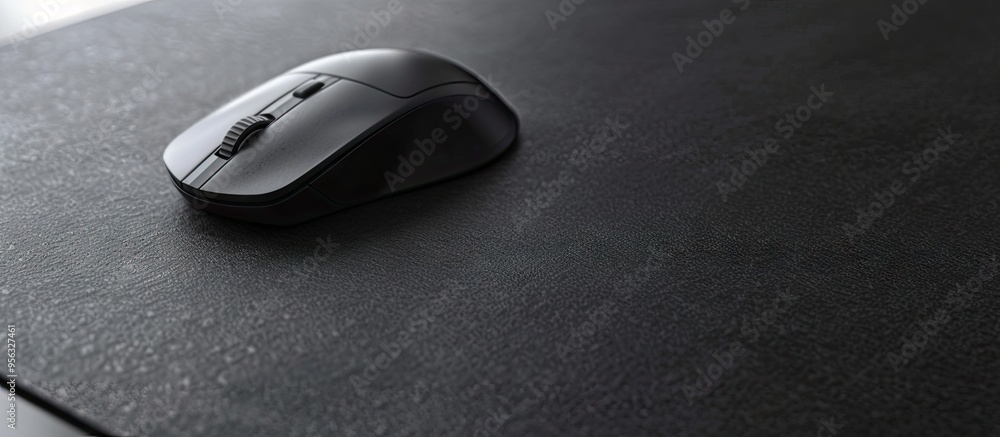 Fototapete close up shot of a wireless mouse on a black textured table with a mousepad providing ample copy spa