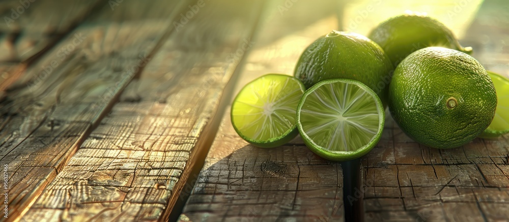 Poster Whole and halved limes on a rustic wooden table displaying the interior with visible copy space image