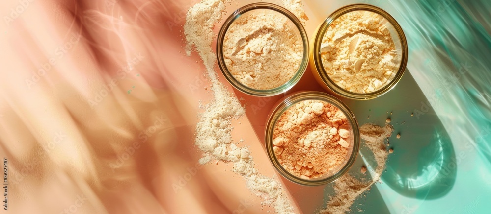 Poster top view of jars with protein powder on a colored background creating a sports nutrition concept wit