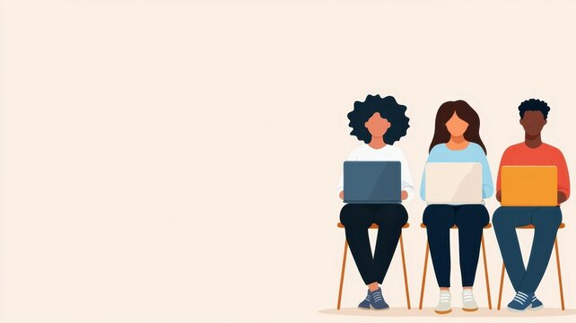 An illustration of a group of young professionals participating in an online course, each with a laptop, representing remote learning.