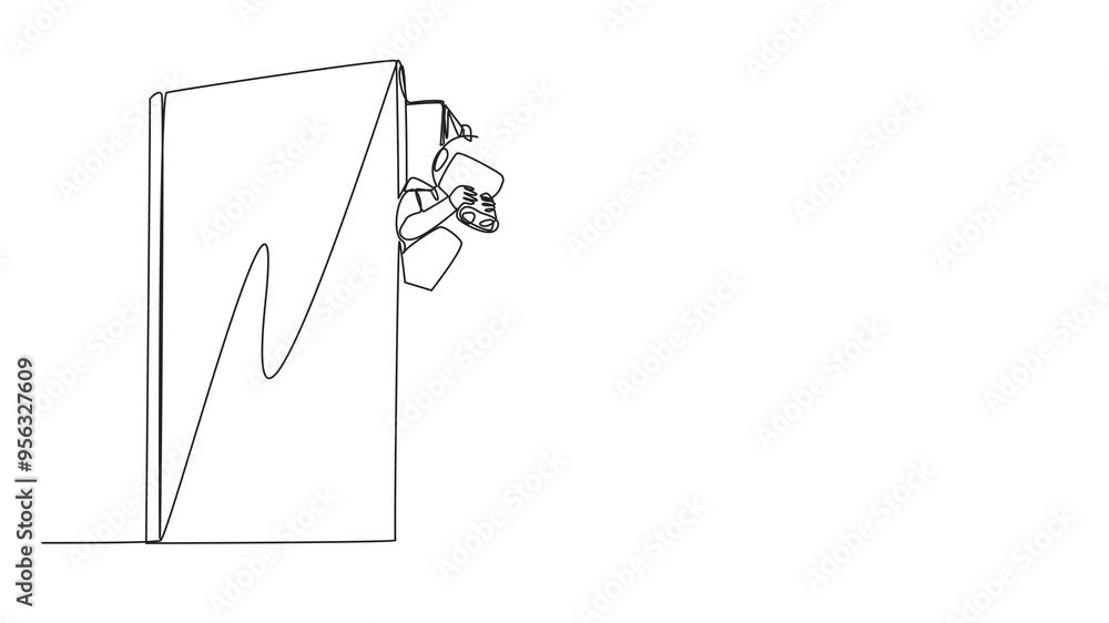 Poster animated self drawing of single continuous line drawing astronaut emerges from old book looking for 
