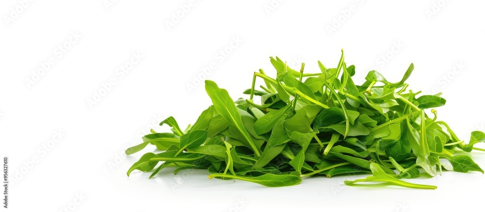 Poster a detailed image featuring a water spinach or ipomoea aquatica pile isolated on white with room for 