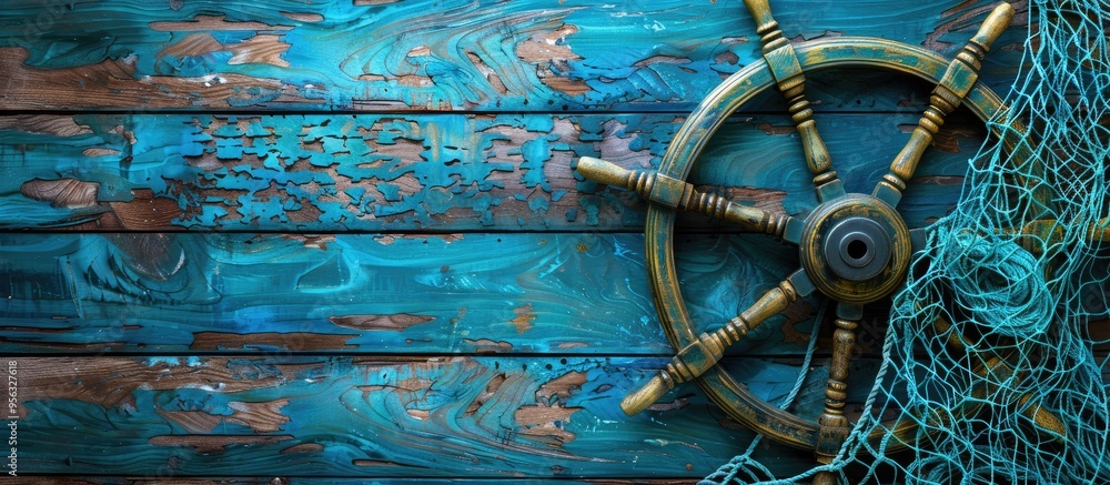 Poster wooden background showcasing a nautical ship wheel blue fishing net frame and ample copy space image