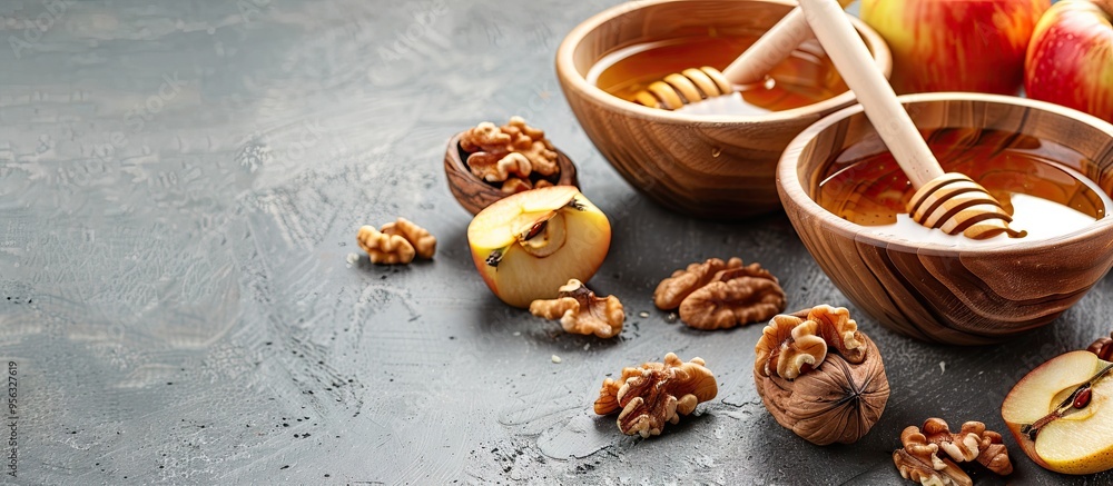 Poster Sweet honey bowls with walnuts and apples displayed on a grey backdrop with copy space image