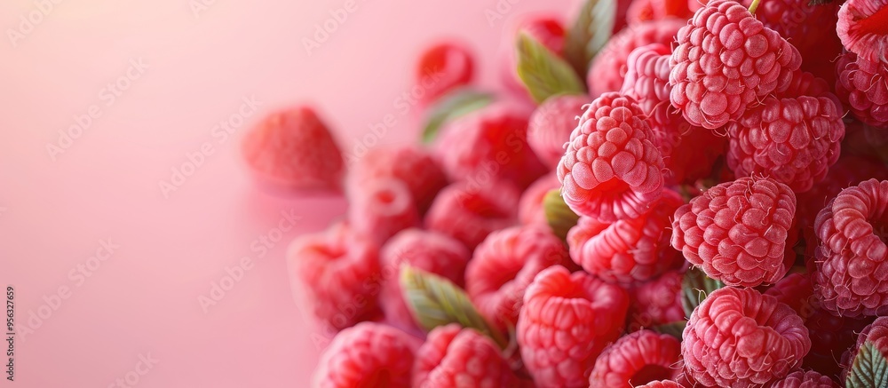Poster a creative fruit arrangement featuring ripe raspberries on a soft pink backdrop with space for text 