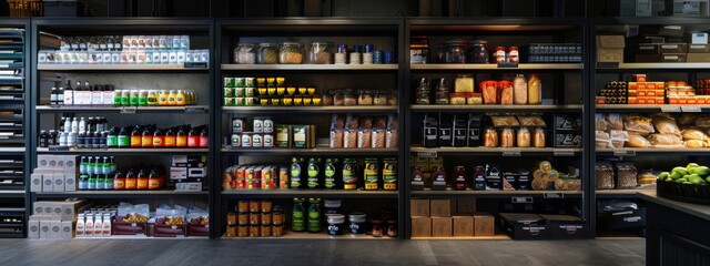 Modern grocery store shelves stocked with gourmet food items