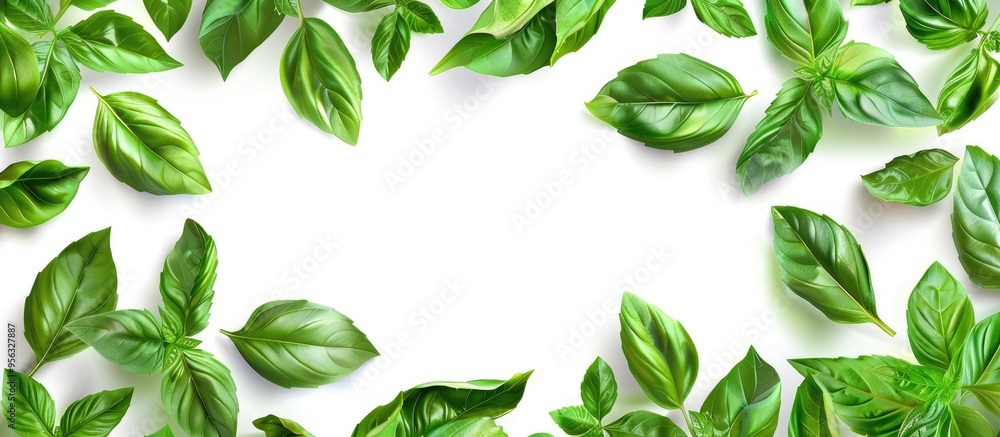 Poster white background framed by basil leaves with copy space image