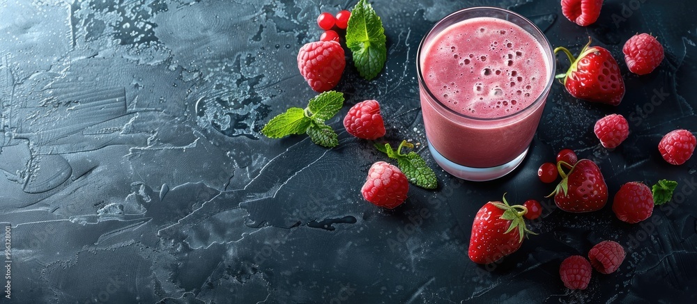 Poster Glass with a fruit nut smoothie on stone background ideal for text placement copy space image