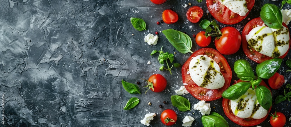 Poster italian caprese salad featuring sliced tomatoes mozzarella basil and olive oil with a blank space fo
