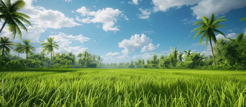Aufkleber Scenic view of a lush paddy field with coconut trees in the background set against a vibrant sky with white clouds ideal for a copy space image