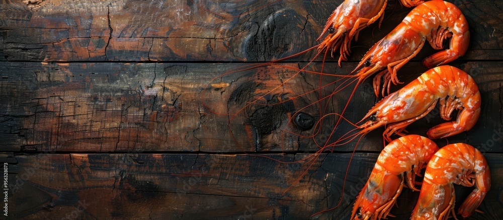 Aufkleber Fresh langoustine seafood and shrimp prawns on a rustic table setting with a copyspace image as a food background for a delicious snack
