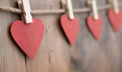 Paper hearts on red clothespins with hearts on rope, Generative AI