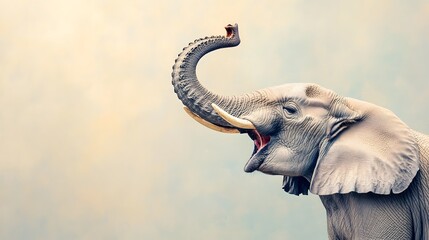 Obraz premium A powerful African elephant trumpeting loudly with its trunk raised showcasing its massive size and majestic presence against a backdrop of a savanna landscape with a cloudy sky