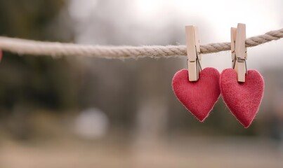 Paper hearts on red clothespins with hearts on rope, Generative AI