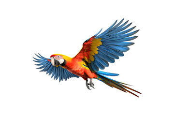 Fototapeta premium The image features a red scarlet macaw bird, its wings spread out. Suitable for website backgrounds or marketing materials for nature, wildlife, tropical themes, and bird enthusiasts