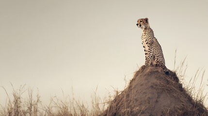 A majestic cheetah sitting atop a termite mound surveying the vast expanse of the African savanna  The feline s powerful presence and alert gaze capture the essence of the wild