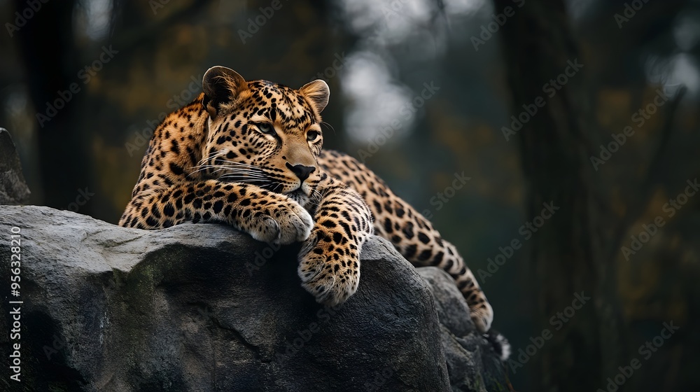 Poster majestic leopard resting on a rocky outcrop in a natural setting with ample copy space for text or d