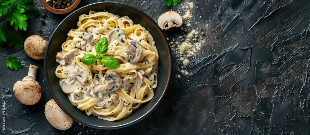 Poster top down view of homemade italian pasta with champignon mushrooms and cream sauce on a rustic dark b