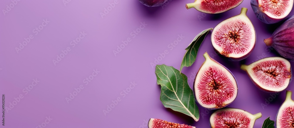 Poster fresh ripe figs creating a frame on a purple background with copy space image
