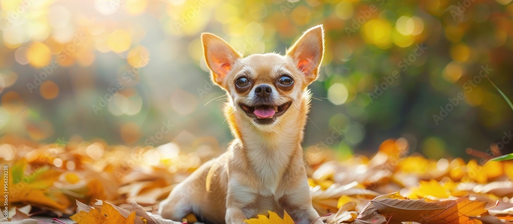 Poster Happy and healthy Chihuahua dog posing on a garden floor with leaves in background smiling and making eye contact with the camera in a copy space image