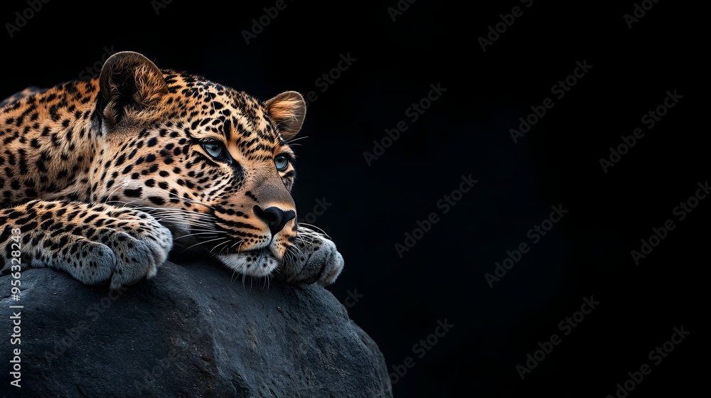 Poster captivating image of a magnificent leopard panthera pardus resting on a rugged rock formation in its