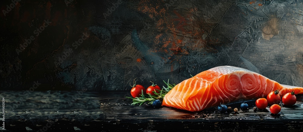 Poster A fresh salmon fillet on a table with a red fish creating a seafood meal displayed with copy space image background