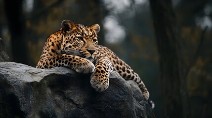 Fototapeta premium Majestic leopard resting on a rocky outcrop in a natural setting with ample copy space for text or design elements The powerful feline is captured in a serene tranquil moment