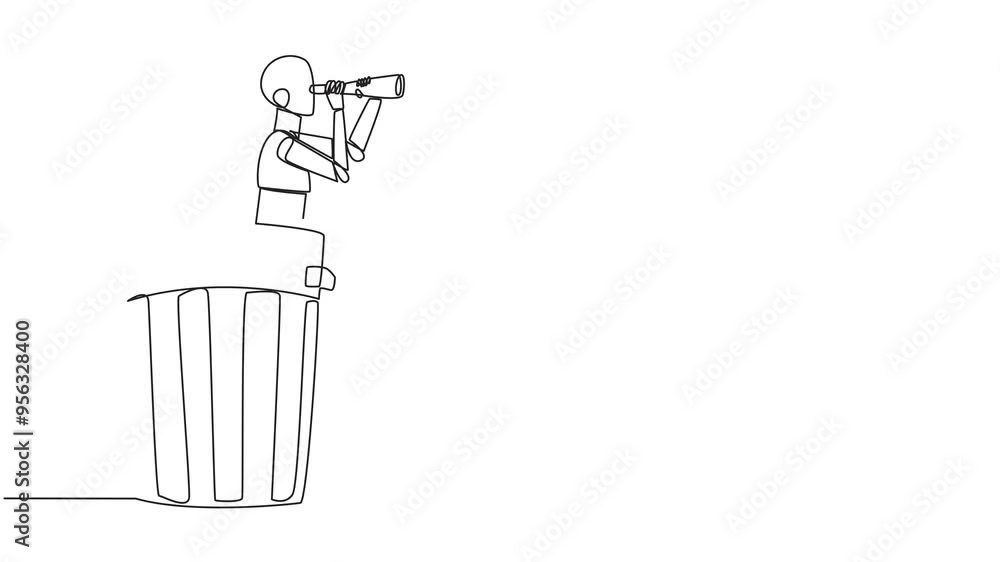 Poster animation of continuous one line drawing of a robot emerging from a trash bin looking for something 