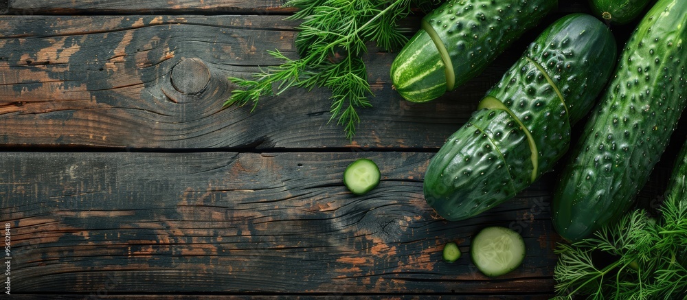 Poster crisp cucumbers garnished with dill on a verdant wooden backdrop with copy space image