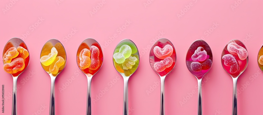Poster spoons filled with jelly candies displayed on a pink backdrop with available copy space image