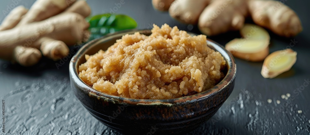Poster Adrak paste in a bowl with fresh ginger on moody background with selective focus copy space image