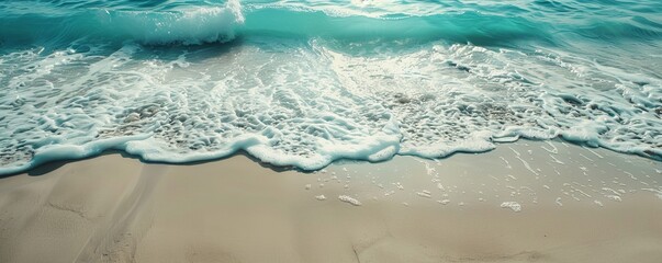 Serene beach with turquoise waves gently lapping the shore, 4K hyperrealistic photo