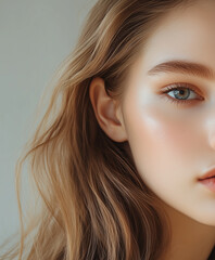 Fototapeta premium A beautiful model ,focusing on ear, suitable for jewelry mock up, skincare, beauty aesthetic industry 