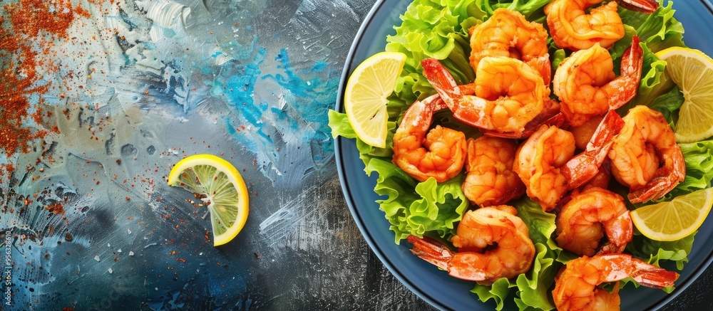 Poster a plate of fried shrimps is decorated with fresh vegetables a lemon slice and is set against a seafo