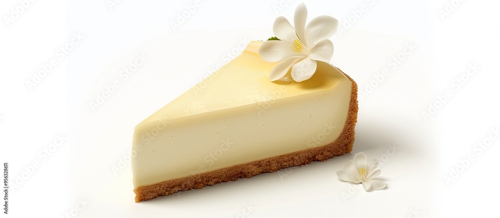 Aufkleber vanilla cheesecake with a vanilla flower on a white background new york style dessert pie with a sid